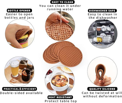 Coasters for Drinks 6 Pack Drinking Plastic Coaster with Holder,Heat Resistant Silicone Cup Mat Tabletop Protection,Non-Slip Rubber Coasters for Kinds of Cups (Brown)
