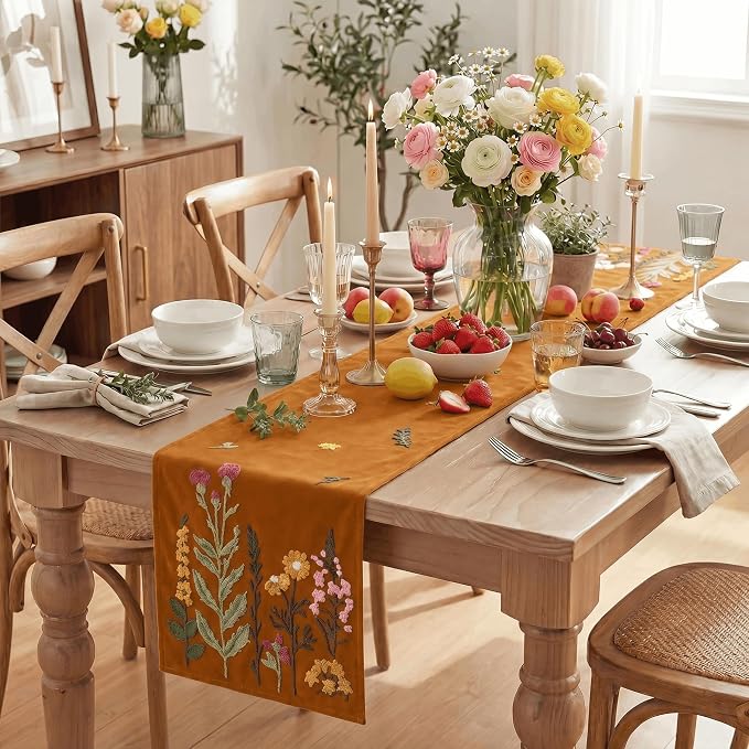 Artoid Mode Caramel Soft Chain Embroidery Wild Floral Fall Table Runner - Image 5