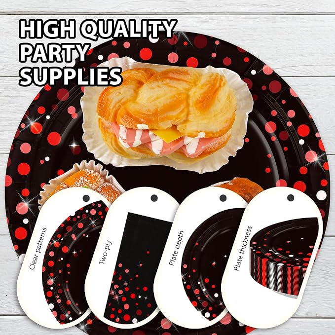 250 Pcs Black and Red Party Decorations, Serves 50 | Red Dot on Black Plates - Image 4