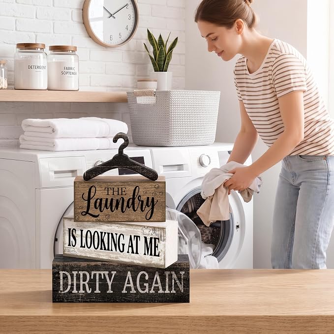 Moucuny 4 Pcs Farmhouse Laundry Room Decor and Accessories Stacked Blocks The - Image 3