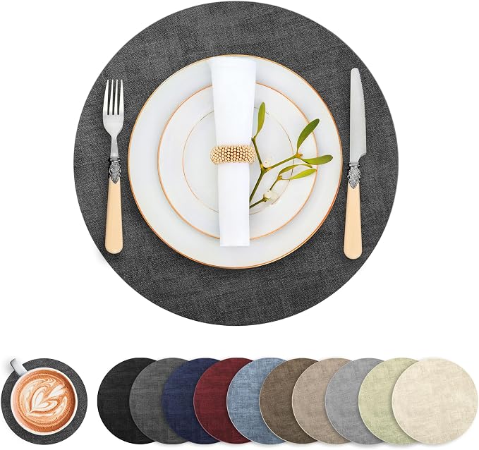 Round Faux Leather Placemats and Coasters, Reversible Heat Resistant Non-Slip by LANDVIEW