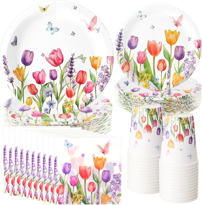 250 Pcs Floral Party Decorations Include Lavender Tulip Butterfly Paper Plates by Ziliny