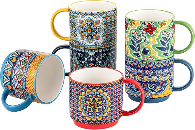 Coffee Mugs Set of 6, 12 oz Ceramic Boho Stackable Cups by HENXFENLEAD