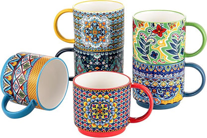 Coffee Mugs Set of 6, 12 oz Ceramic Boho Stackable Cups by HENXFENLEAD