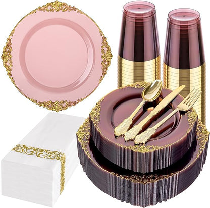 175 Pcs Burgundy Gold Plates for Party | Burgundy Party Plates Set for 25 Guests by Hioasis