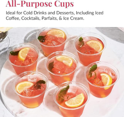 Prestee Clear Plastic Cups – 9oz Disposable PET Water, Wine, and Drink Glasses – Crystal Clear, Durable, Recyclable Party Cups – 100 Count for Holiday, Events, Coffee Shops, Restaurants