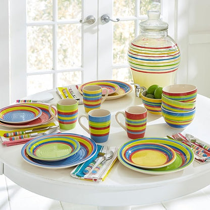BrylaneHome 16 Piece Santa Fe Dinnerware Set (Service for 4), Includes Dinner & Salad or Dessert Plates, Bowls, Mugs, Colorful Stripe Southwestern Fiesta Pattern - Multi Stripe