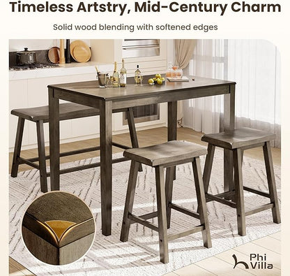 PHI VILLA Kitchen Table with Bench and Chairs, Counter Height Table and Chairs, Solid Wood Small Dining Table Set for 4, High Top Kitchen Table Chairs Set of 4, Smoky Brown