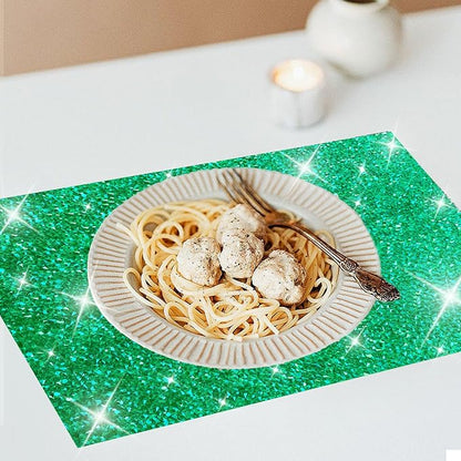 Green Placemats Emerald Heat Resistant Mat Square Placemats Green Trivets Rhinestone Decor Place Mat Crushed Diamond Decor Bling Sparkly Mat Set of 2