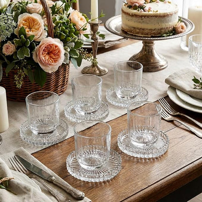 Remerry 6 Pcs Clear Crystal Coaster Set with Holder Glass Coasters for Drinks 4 Inch Drinks Crystal Round Cup Coasters Coffee Table Decor for Office Kitchen Bar Restaurant Patio (Transparent)