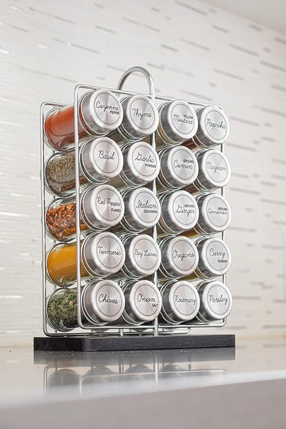 Orii 20 Jar Spice Rack Stainless Steel with Spices Included - Standing Rack Shelf Holder & Countertop Spice Rack Tower Organizer for Kitchen Spices with Spice Refills for 5 Years