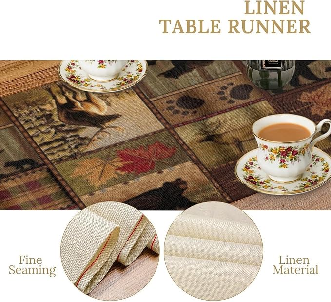Rustic Moose Deer Bear Table Runner, Retro Vintage Bear Cottage Country Style - Image 5
