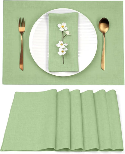D'Moksha Homes Linen Placemats 14 x 19 Inch - Sage Green Placemats Set of 6-100% Pure Linen Table Place Mats for Spring, St Patricks Day, Easter - Handcrafted and Machine Washable