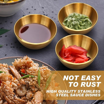 Tanlade 50 Pcs Metal Sauce Bowls 3.2 Inch Round Stainless Steel Seasoning Dishes Cups Mini Saucers Plates Small Sushi Dipping Bowls for Prep Ramekins Kitchen Party Supplies(Gold)