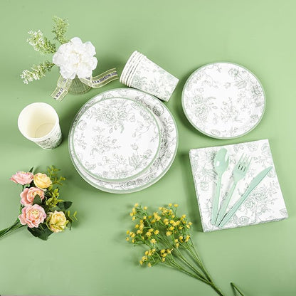 175Pcs Sage Green Floral Paper Plates and Napkins 25 Guests Green Toile - Image 6