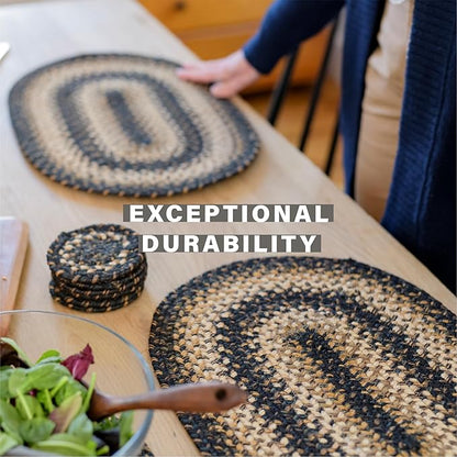Homespice Kilimanjaro Jute Braided Placemats, Warm Primitive Decor, Set of 4, Black and Tan 13x19 Oval Table Mats - Vibrant Colors, Durable, Easy to Clean and Protects Furniture