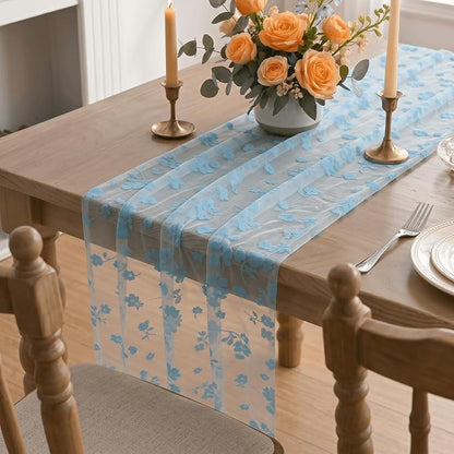 Artoid Mode Light Blue Gauze Flocking Flowers Table Runner 10FT, Spring Sheer - Image 5