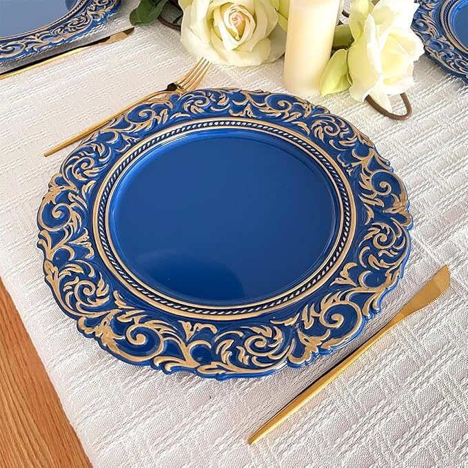 Antique Charger Plates with Gold Rim, 13 Inch Royal Blue Dinner Plate Chargers - Image 3