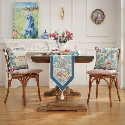 Patdrea Designer Vintage French Linen Table Runner, Elegant Blue Floral Pattern - Image 5