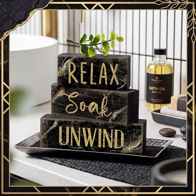 Moucuny 4 Pcs Black and Gold Bathroom Shelf Decor Sign Farmhouse Bathroom Decor - Image 3