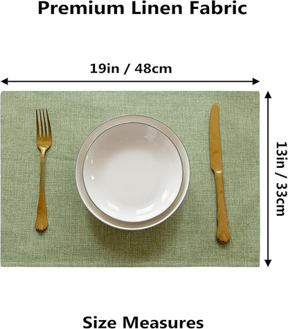 Demetex Green Placemat Set of 4 Washable Linen Textured Place Mats for Dinner Heat Resistant Sage Cloth Placemats Scratch Resistant Plate Mats for Dining Table Kitchen, Green