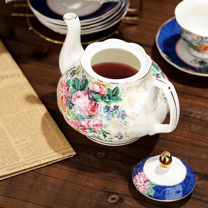 fanquare 21-Piece Blue Lace Porcelain Tea Set, China Coffee Cup and Saucer Set - Image 5