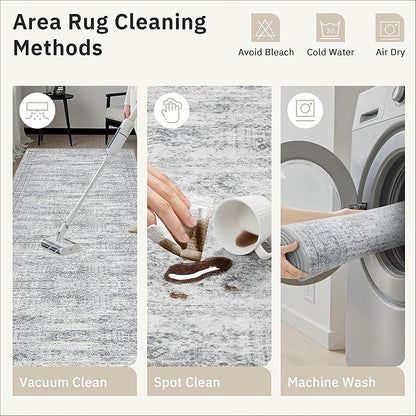 Washable Runner Rug, 2'6" x 8' Non-Slip Kitchen Vintage Foldable Hallway Runners for Entryway, Laundry, Bedroom, Grey
