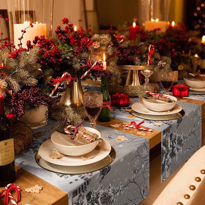 Christmas Snowman Short Table Runners 48 Inches, Cotton Linen Fabric Snowflake - Image 2