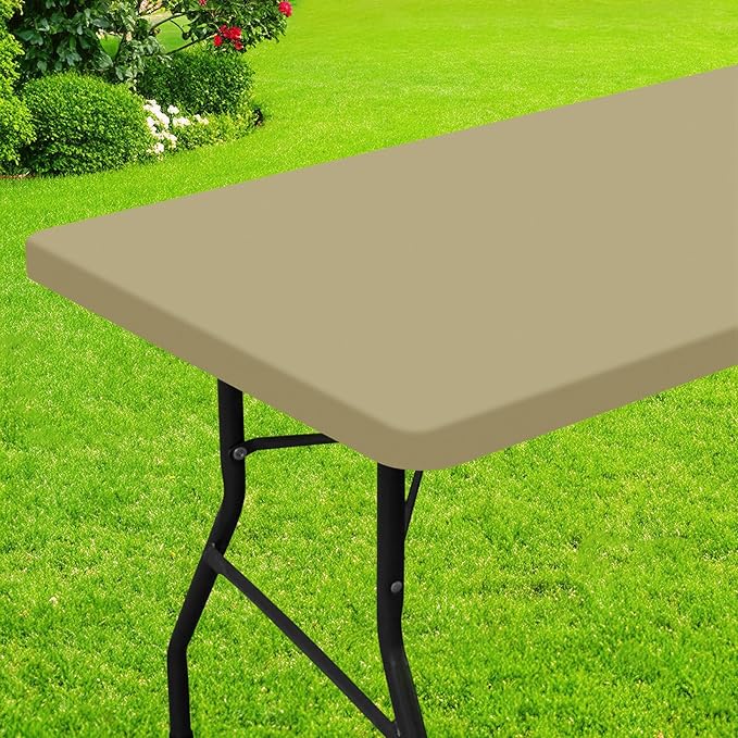 Smiry Rectangle Picnic Table Cloth, Waterproof Elastic Fitted Tablecloths for 8 Foot Tables, Washable Polyester Table Cover for Camping, Indoor and Outdoor (Taupe, 30"x96")