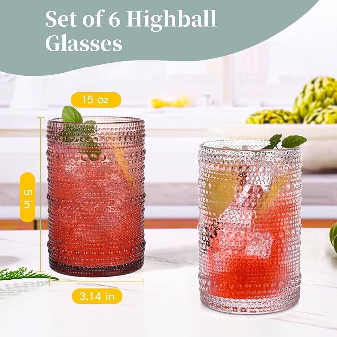 Purple Hobnail Drinking Glasses Set of 6, 15 oz Vintage Highball Glasses - Image 3