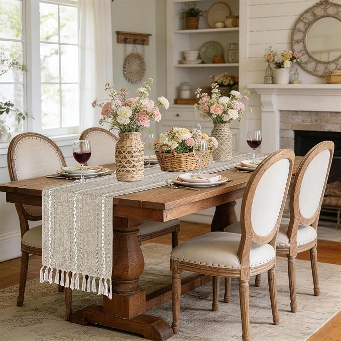 Boho Table Runner 15 x 72 inches Long, Neutral Farmhouse Dresser Runners Cover - Image 2