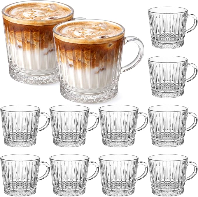 12 Pack Glass Coffee Mugs with Handle 8.5 oz Classic Vertical Stripes Glass by Yetene