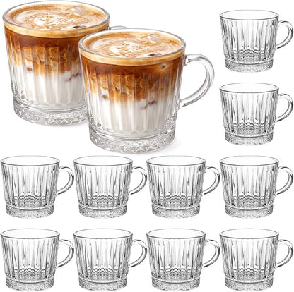 12 Pack Glass Coffee Mugs with Handle 8.5 oz Classic Vertical Stripes Glass by Yetene