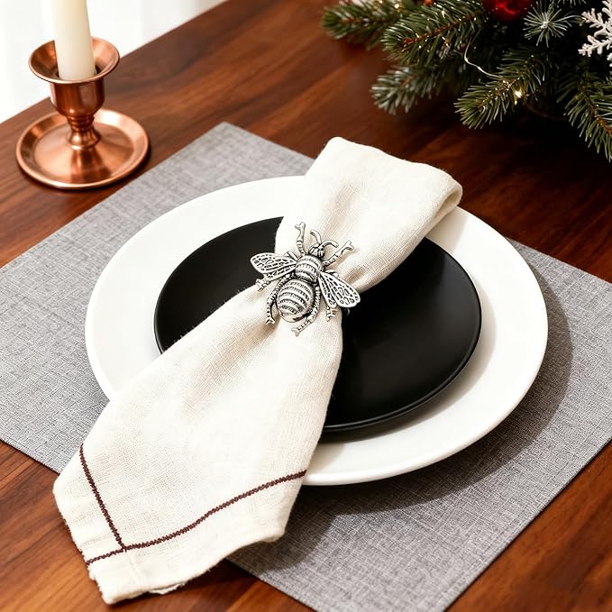 Bee Napkin Rings Set of 12 Antique Silver Metal Bumblebee Napkin Holders - Image 7
