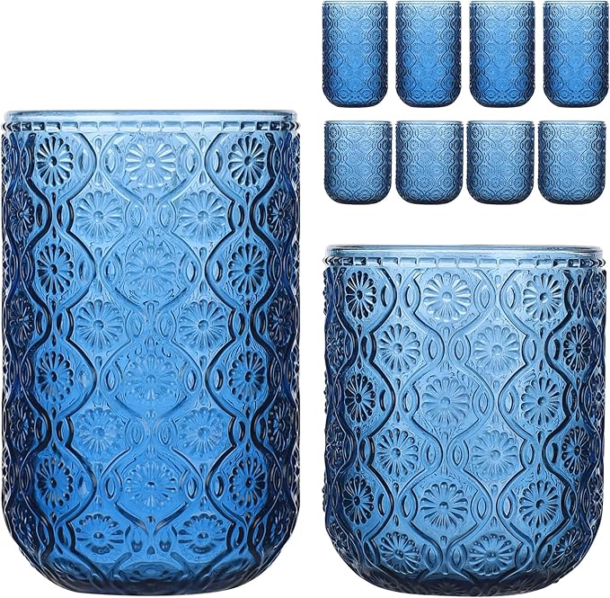 Set of 8 Vintage Embossed Glassware, 4 Highball Glasses 14oz & 4 Rocks Drinking by WeirdUncle