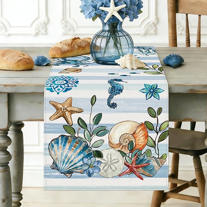 Summer Ocean Beach Shells Table Runner Watercolor Sea Turtle Burlap Table - Image 3