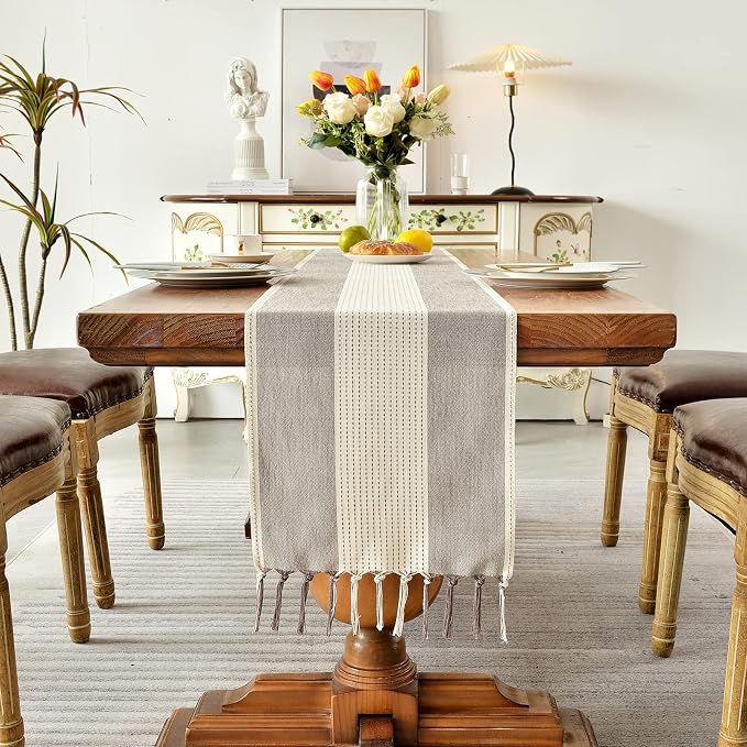 Wracra Linen Table Runner, Stripe Table Runners 72 Inches Long Coffee | - Image 4