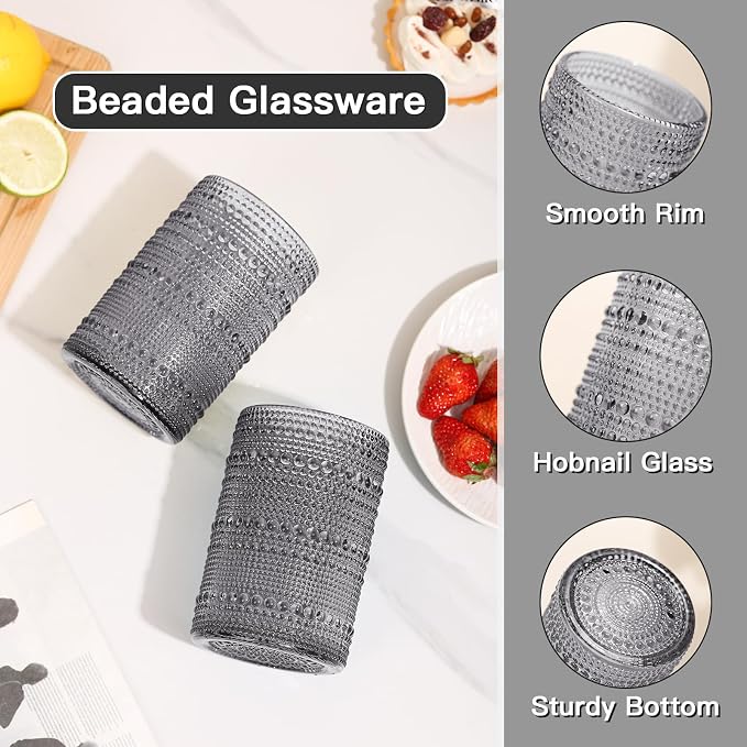 JOVGANK Grey Vintage Hobnail Drinking Glasses Set of 6, Embossed Water Tumbler - Image 4