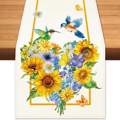 Summer Sunflowers Daisies Table Runner Birds Burlap Table Runners, Spring by BEAUTYROMANCEFORYOURLIFE
