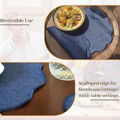AHHFSMEI Round Faux Linen Placemats Set of 6 Waterproof Table Mats Heat Resistant Non-Slip and Stain Proof for Kitchen Dining Elegant Decor (Navy Blue,6)