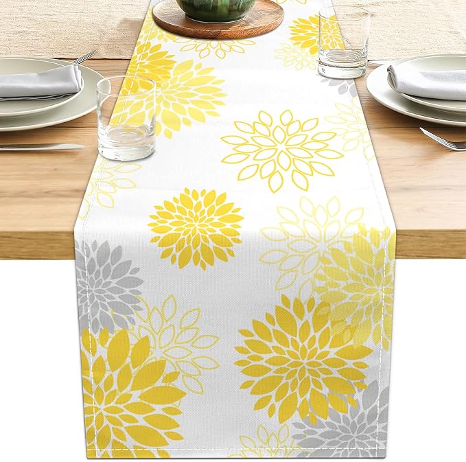 Dahlia Flower Table Runner 13x36 Inch Farmhouse Yellow Gray Runners Modern by LXXTK