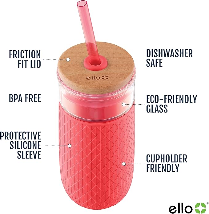 Ello Devon Glass Tumbler with Splash Proof Wooden Lid and Straw, Protective No - Image 2
