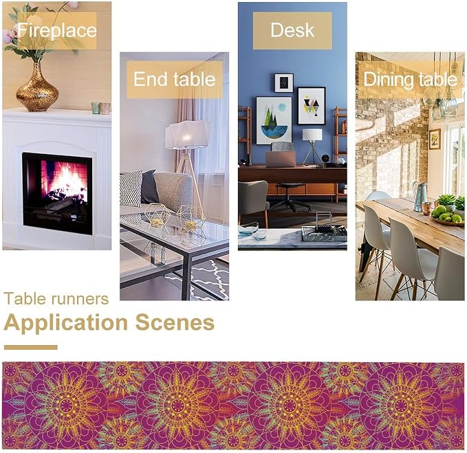 YCness Mandala Table Runner Abstract Colorful Modern Art Golden Purple Kitchen - Image 7
