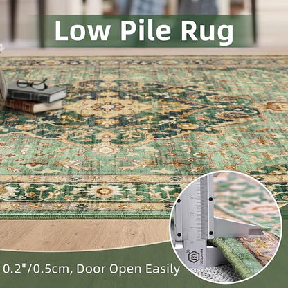 Deerly Green Rug 3x5 Area Rug with Non-Slip Backing, Washable Rugs for Bedroom Living Room Kitchen, Distressed Carpet Printed Low-Pile Soft Dorm Rug Room Decor(Border Green)