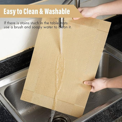 Winknowl Placemats Set of 8, Washable Vinyl Woven Placemats, Heat Resistant & Wipeable Table Mats for Kitchen Dining Table (Golden)