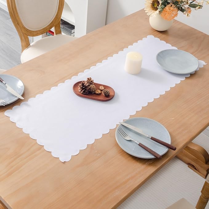 Small Solid White Farmhouse Scalloped Table Runner 13 x 36 Inchs | Washable by YZKITM