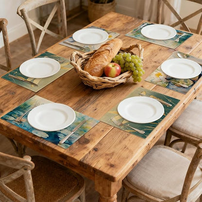 Table Placemats Set of 6, Waterproof Linen Fabric, Non-Slip Backing & Easy Clean, Elegant Dining Table Protectors for Family and Guests(Watercolor Dragonfly)