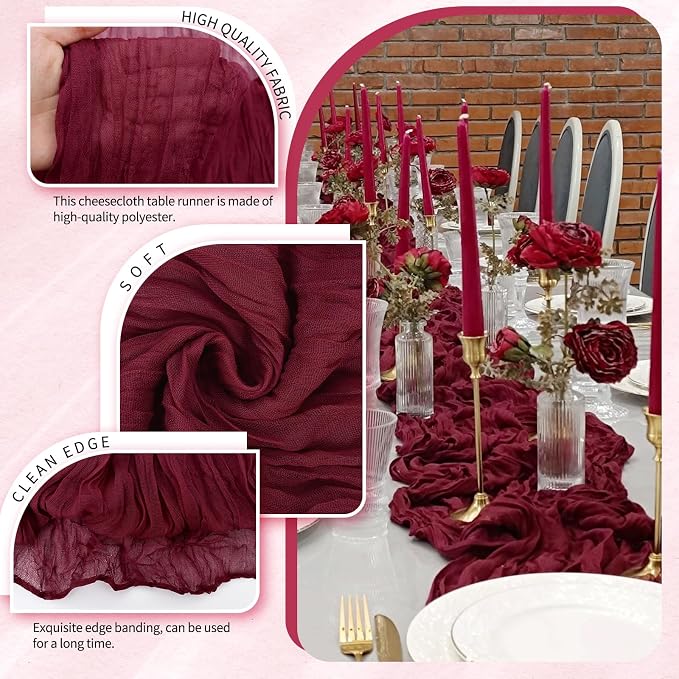 18 Pack Cheesecloth Table Runner 10FT Burgundy Red Table Runner Boho Gauze - Image 3