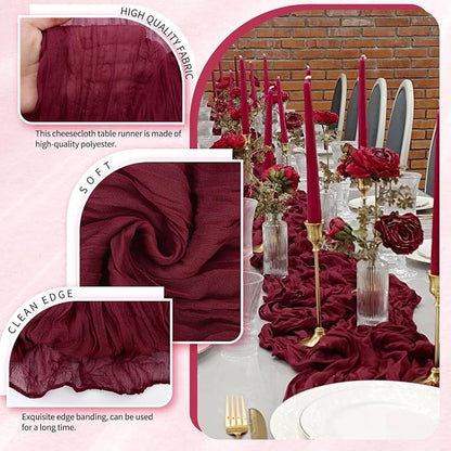 Showgeous 2 Pack Burgundy Cheesecloth Table Runners Boho Wedding Decor | Rustic - Image 3