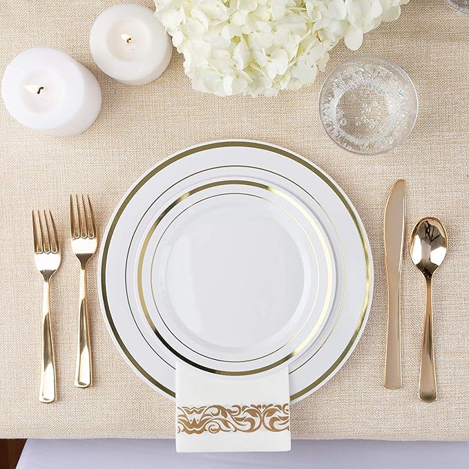 125-Piece White and Gold Fancy Plastic Plates Disposable - Image 4